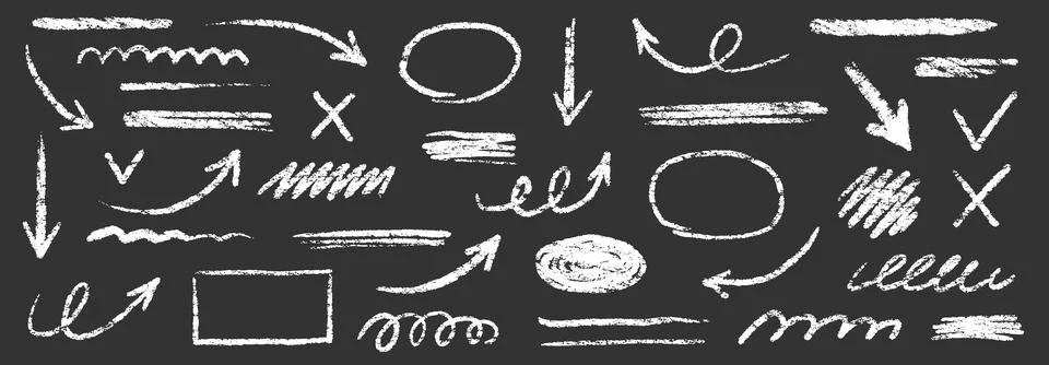Chalk scribble arrow, line brush set. Crayon arrow, underline, handwritten mark Stock Illustration