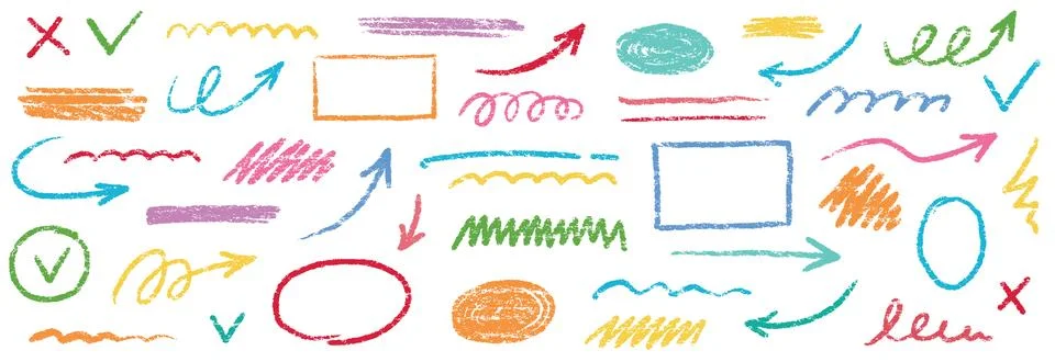 Chalk scribble arrow, line brush set. Crayon arrow, underline, handwritten mark Stock Illustration