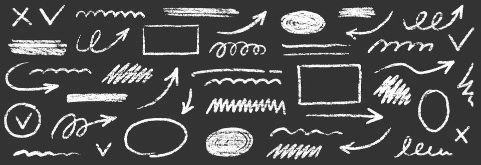 Chalk scribble arrow, line brush set. Crayon arrow, underline, handwritten mark Stock Illustration