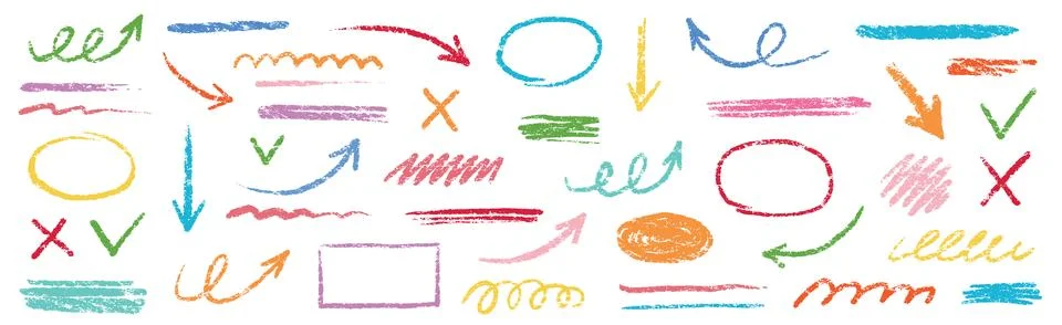 Chalk scribble arrow, line brush set. Crayon arrow, underline, handwritten mark Stock Illustration