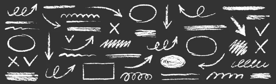 Chalk scribble arrow, line brush set. Crayon arrow, underline, handwritten mark Stock Illustration