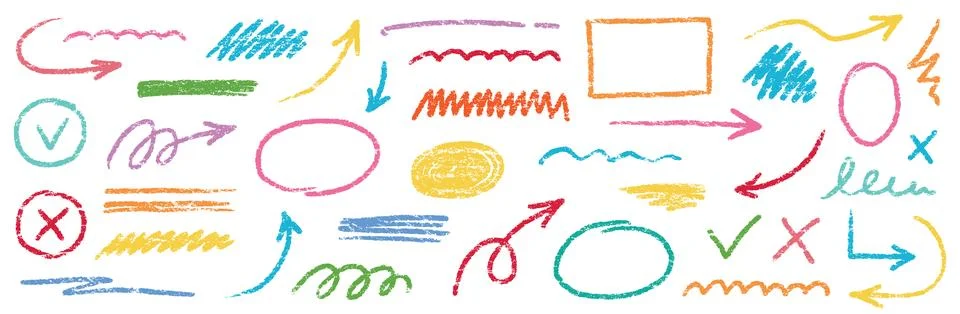 Chalk scribble arrow, line brush set. Crayon arrow, underline, handwritten mark Stock Illustration