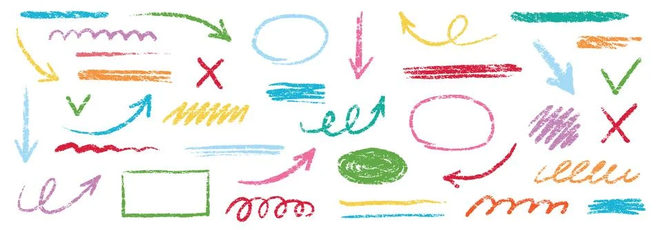 Chalk scribble arrow, line brush set. Crayon arrow, underline, handwritten mark Stock Illustration