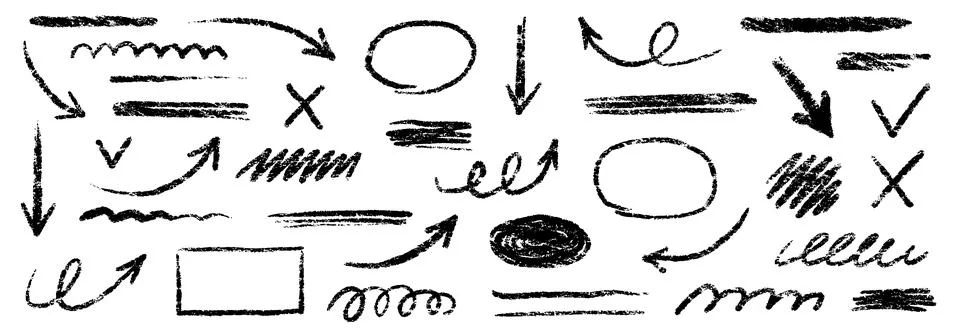 Chalk scribble arrow, line brush set. Crayon arrow, underline, handwritten mark Stock Illustration