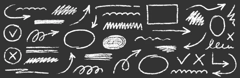 Chalk scribble arrow, line brush set. Crayon arrow, underline, handwritten mark Stock Illustration