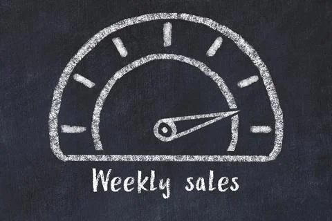 Chalk sketch of speedometer with high value and iscription Weekly sales. Conc 库存照片