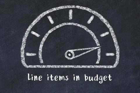 Chalk sketch of speedometer with high value and iscription Line items in budg Stock Photos