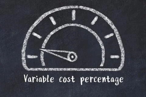 Chalk sketch of speedometer with low value and iscription Variable cost perce 스톡 사진