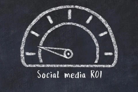Chalk sketch of speedometer with low value and iscription Social media ROI. C Stock Photos
