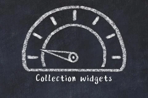 Chalk sketch of speedometer with low value and iscription Collection widgets. 库存照片