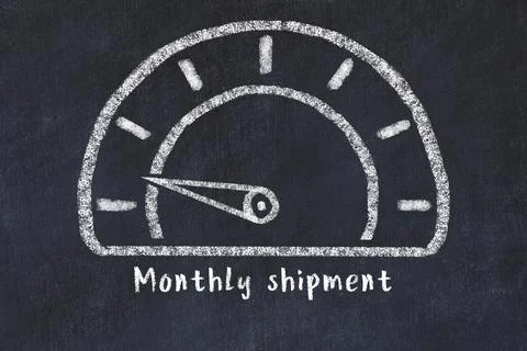 Chalk sketch of speedometer with low value and iscription Monthly shipment. C 库存照片