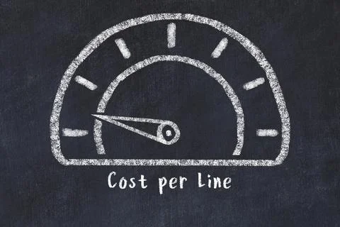Chalk sketch of speedometer with low value and iscription Cost per Line. Conc Stock Photos