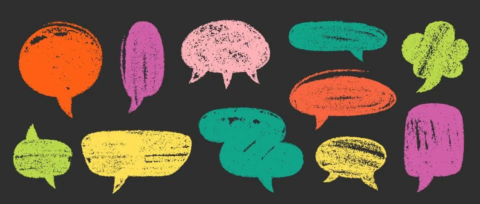 Chalk Speech Bubbles Vector Set. Crayon Scribble Talking Clouds Shapes 스톡 일러스트