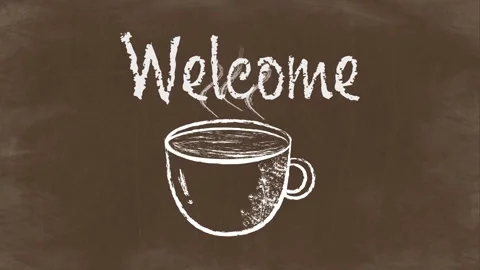 Chalk Style Coffee Cup Animation with "Welcome" Text on Brown Chalkboard Stock Footage 317614980