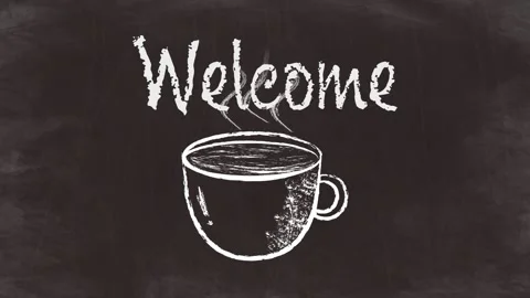 Chalk Style Coffee Cup Animation with "Welcome" Text on Black Chalkboard Stock Footage 317614981