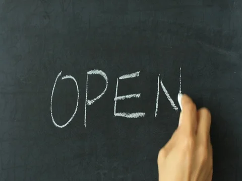 Chalk writing - "OPEN" on blackboard Stock Footage 80850582