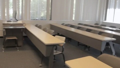 Chalkboard and Desks in Empty Classroom Stock Footage 80746344