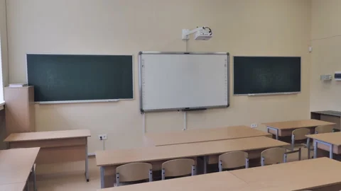 Chalkboard And Overhead Projector in Empty Classroom Stock Footage 161098913
