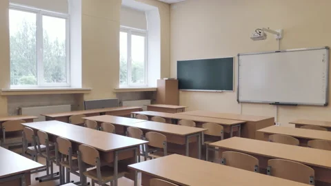 Chalkboard And Projector Screen In Empty Classroom, Lecture Hall Video stock 161098663