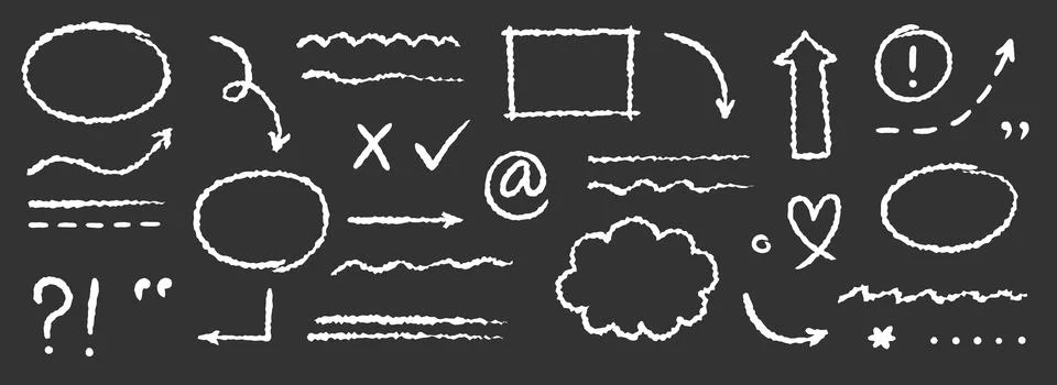 Chalkboard arrow, underline element vector set. Hand drawn sketch style arrow Stock Illustration