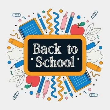 Chalkboard with back to school text surrounded by various school supplies. Stock Illustration