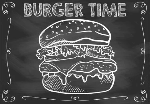 Chalkboard Burger Time with Hand Drawn Burger Stock Illustration