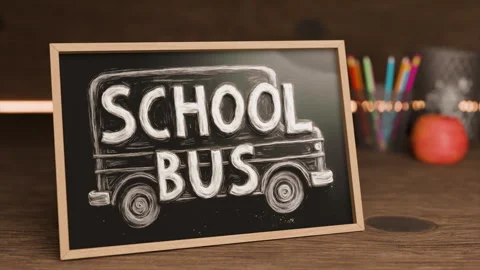 Chalkboard Displaying School Bus in Warm Room at Night Stock Footage 319681264