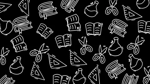 Chalkboard doodle pattern books scissors and geometric shapes education 库存影片 331416320