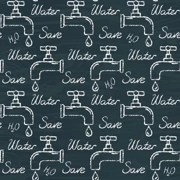 Chalkboard ecology seamless pattern with Save Water text Stock Illustration