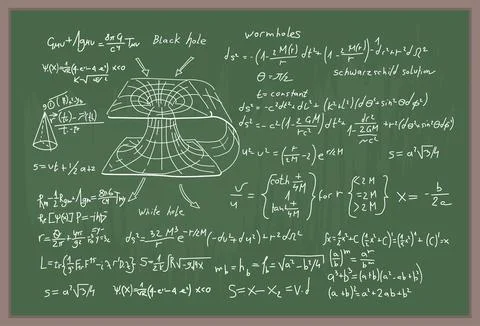 A chalkboard filled with complex physics equations, diagrams of black holes Stock Illustration