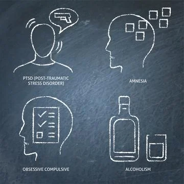 Chalkboard mental disorders icon set in line style Stock Illustration