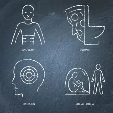 Chalkboard mental disorders icon set in line style Stock Illustration