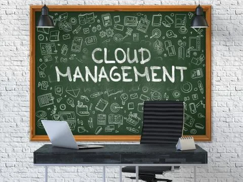 Chalkboard on the Office Wall with Cloud Management Concept Illustrazione stock
