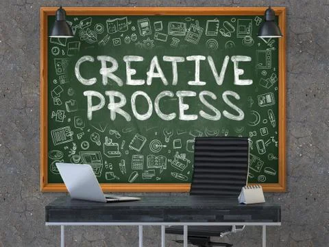 Chalkboard on the Office Wall with Creative Process Concept. 3D Stock Illustration
