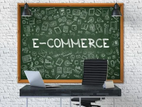 Chalkboard on the Office Wall with E-Commerce Concept Ilustração Stock