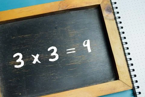Chalkboard with phrase simple 3x3=9 math equation on wooden desk. Stock Photos