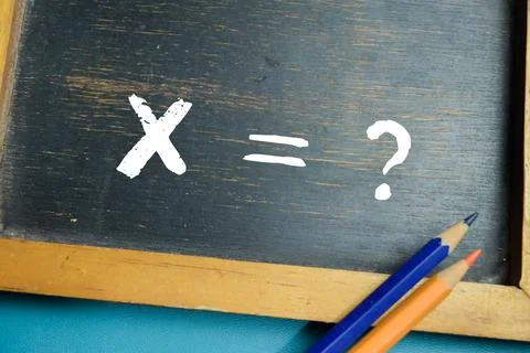 Chalkboard with phrase X equals question mark mathematical equation Stock Photos