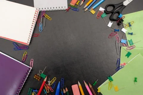 Chalkboard with school tools Stock Photos