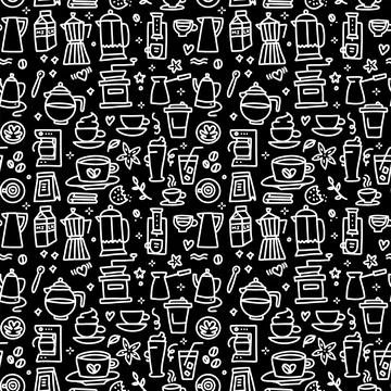 Chalkboard seamless pattern with coffee elements design - doodle cups, hot イラスト素材