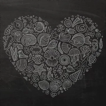 Chalkboard set of marine life objects イラスト素材