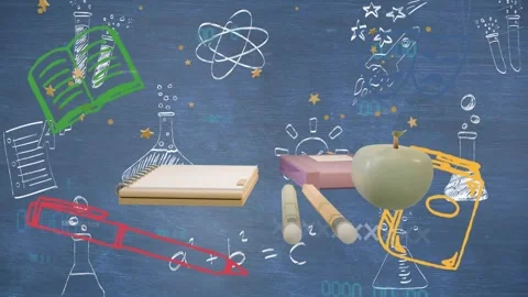 Chalkboard sketches popping 3D objects moving book falling notes lining apple Stock Footage 339494837