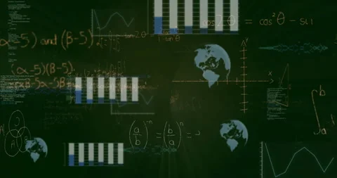 Chalkboard-style display showing algebraic formulas, graphs, code snippets and Vidéo 309143809