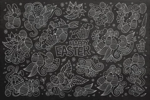 Chalkboard vector doodles cartoon set of Easter objects Illustrazione stock