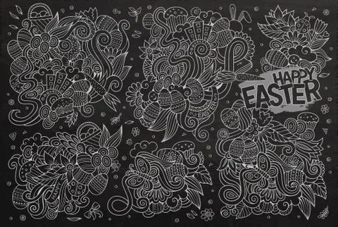 Chalkboard vector doodles cartoon set of Easter objects Stock Illustration
