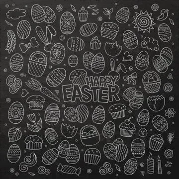 Chalkboard vector doodles cartoon set of Easter objects Stock Illustration