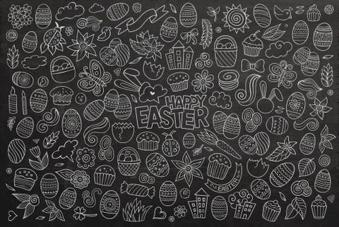 Chalkboard vector doodles cartoon set of Easter objects Stock Illustration