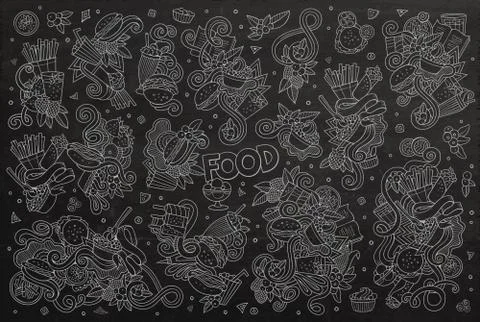 Chalkboard vector hand drawn doodles cartoon set of food objects Stock Illustration