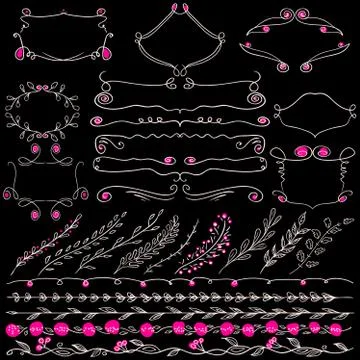 Chalkboard vector set of hand drawn floral graphic design elements frame. Stock Illustration