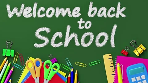 Chalkboard "Welcome back to School" text with colorful stationary. Stock Footage 342571381