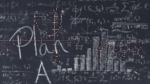 Chalkboard white equations receiving red overlay at bar chart visualizing Stock Footage 317799658